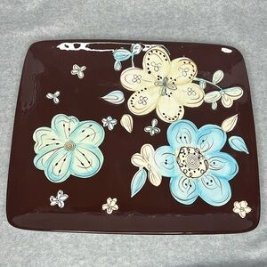 Pier 1 Imports Cassidy Platter Hand Painted Earthenware Brown White Blue Floral